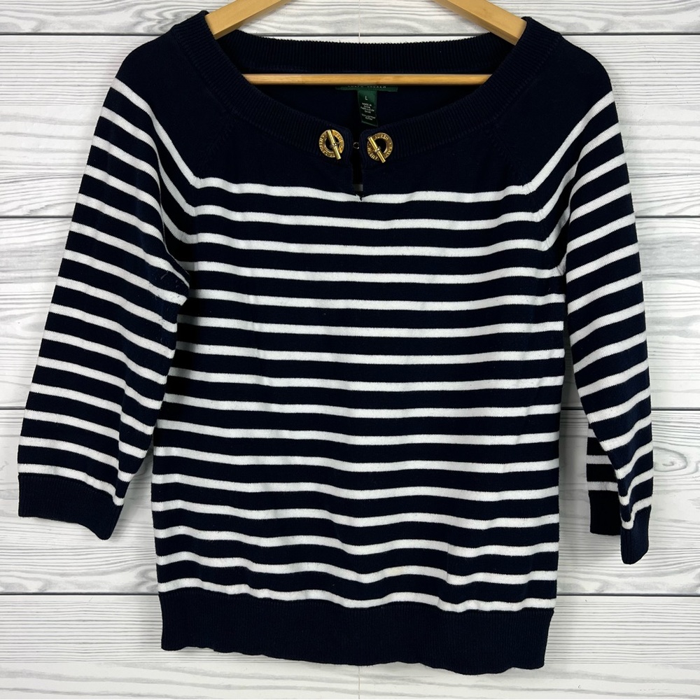 Ralph Lauren Women’s Sweater Size Large Blue Striped Toggle Golden Closure.